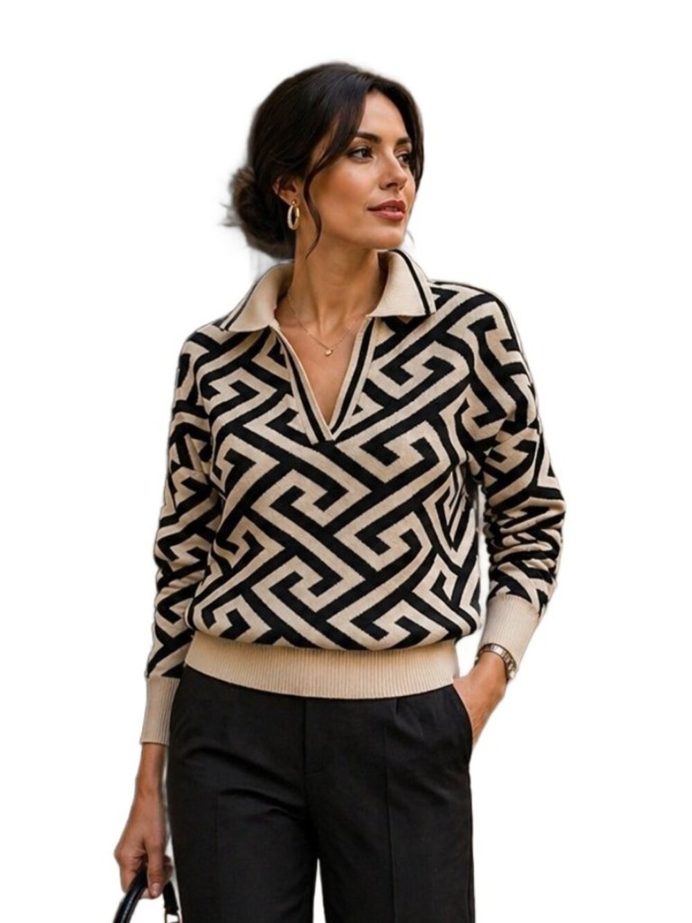 T TAHARI Greek Key Inspired Motif Collared V-Neck Black Cream Knit Sweater Sz M